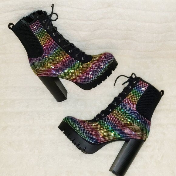 Rainbow Sparkle Rhinestone Chunky High Heel Ankle Boots - Picture 3 of 17